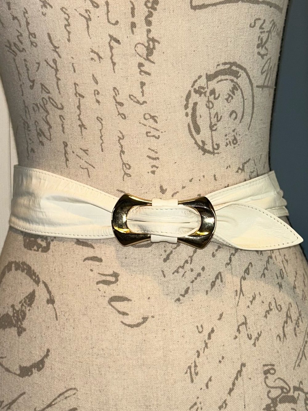 Vintage 80s Leather Gold Buckle White Glam Belt
